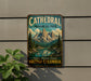 A vintage-style metal sign for Cathedral Provincial Park in British Columbia, Canada, featuring a scenic mountain landscape.