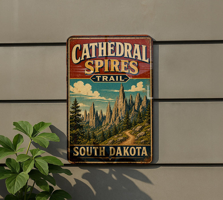 A vintage metal sign for the Cathedral Spires Trail in South Dakota, featuring a scenic mountain landscape.