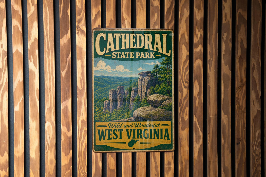 A vintage-style metal sign for Cathedral State Park in West Virginia, featuring a scenic landscape with cliffs and trees.