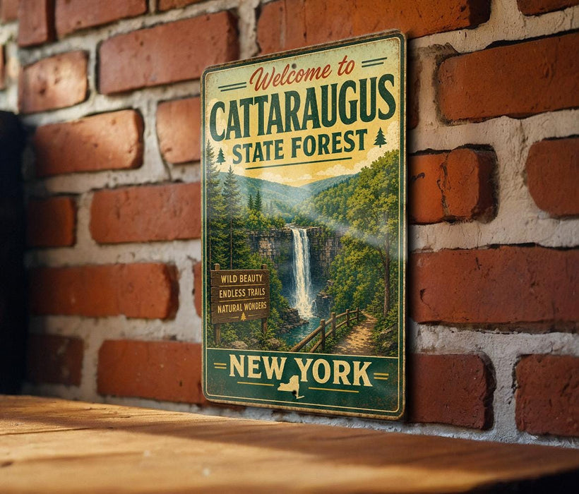 A vintage-style metal sign welcoming visitors to the Cataraugus State Forest in New York, featuring a scenic image of a waterfall and lush greenery.