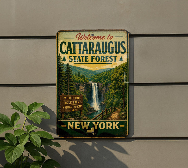 A vintage-style metal sign welcoming visitors to the Cataraeus State Forest in New York, featuring a scenic image of a waterfall surrounded by lush greenery.