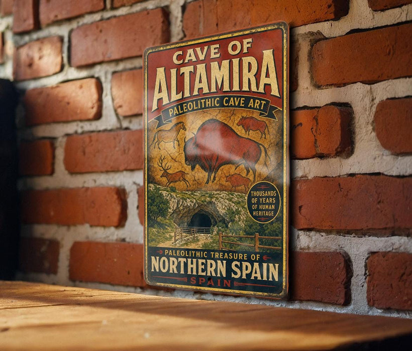 A vintage metal sign advertising the "Cave of Altamira" in Spain, featuring an illustration of a cave with a bison and other animals.