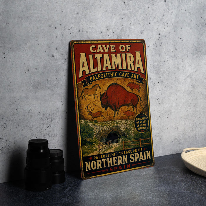 A vintage metal sign advertising the "Cave of Altamira" and the "Paleolithic Cave Art" in Northern Spain.