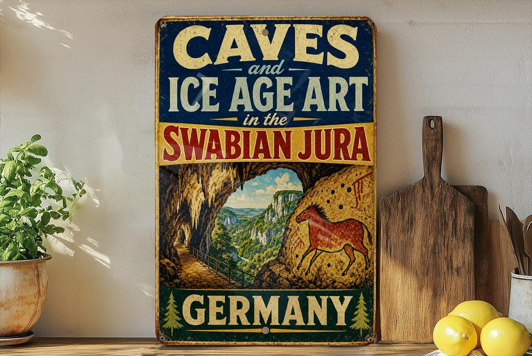 a vintage-style sign advertising "CAVES and ICE AGE ART in the SWABIAN JURA" in the Swabian Jura, Germany. The sign is displayed on a wooden shelf, with a potted plant and a wooden cutting board visible in the background.