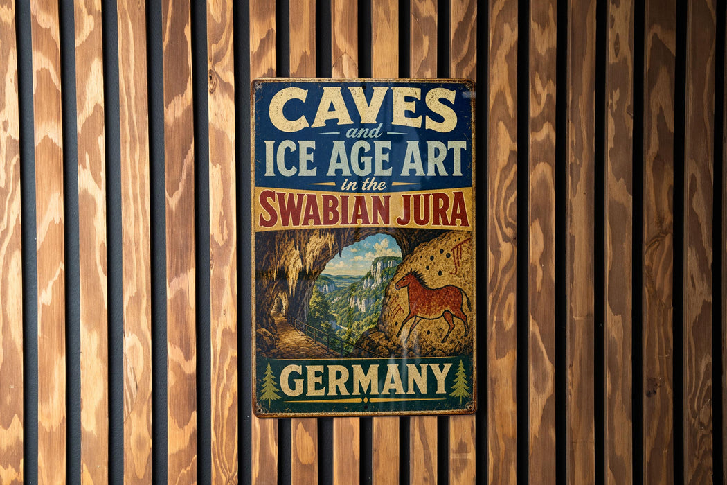 A vintage metal sign with the text "CAVES and ICE AGE ART in the SWABIAN JURA" and an illustration of a cave with a horse, hanging on a wooden wall.
