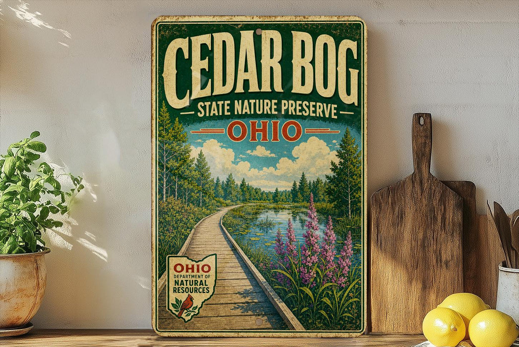 A vintage-style sign for the Cedar Bog State Nature Preserve in Ohio, featuring a scenic landscape with a wooden path, trees, and a body of water.