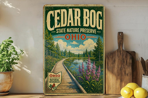 A vintage-style sign for the Cedar Bog State Nature Preserve in Ohio, featuring a scenic landscape with a wooden path, trees, and a body of water.