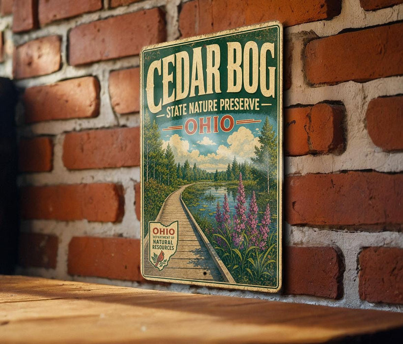 A vintage-style metal sign for Cedar Bog State Nature Preserve in Ohio, featuring a scenic illustration of a wooden boardwalk leading to a pond surrounded by trees and flowers.
