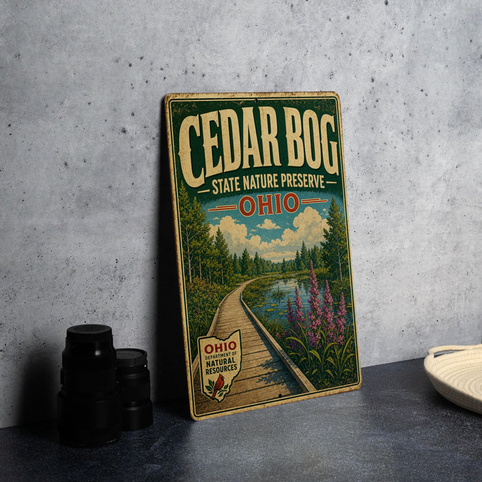 A vintage-style sign for the Cedar Bog State Nature Preserve in Ohio, featuring a scenic landscape with a wooden boardwalk and wildflowers.