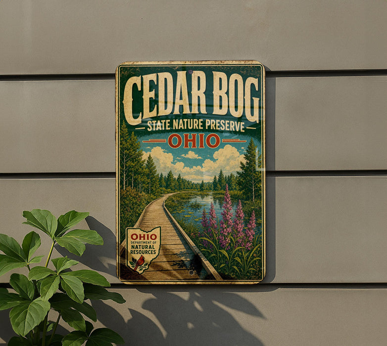 A vintage-style sign for Cedar Bog State Nature Preserve in Ohio, featuring a scenic landscape with a wooden path, trees, and a river.