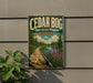 A vintage-style sign for Cedar Bog State Nature Preserve in Ohio, featuring a scenic landscape with a wooden path, trees, and a river.
