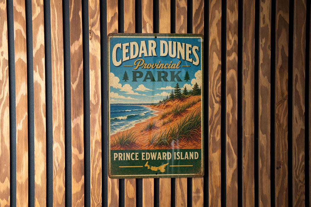 A vintage metal sign for Cedar Dunes Provincial Park, featuring a scenic coastal landscape with a beach, grassy dunes, and a body of water.