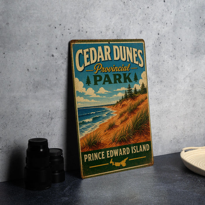 A vintage-style sign for Cedar Dunes Provincial Park, featuring a scenic illustration of the park's landscape with a beach, mountains, and pine trees.