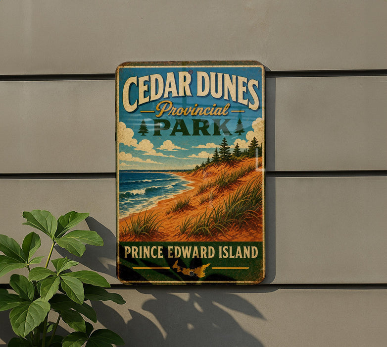 A vintage-style metal sign for Cedar Dunes Provincial Park, featuring a scenic beach landscape with pine trees and grassy hills.