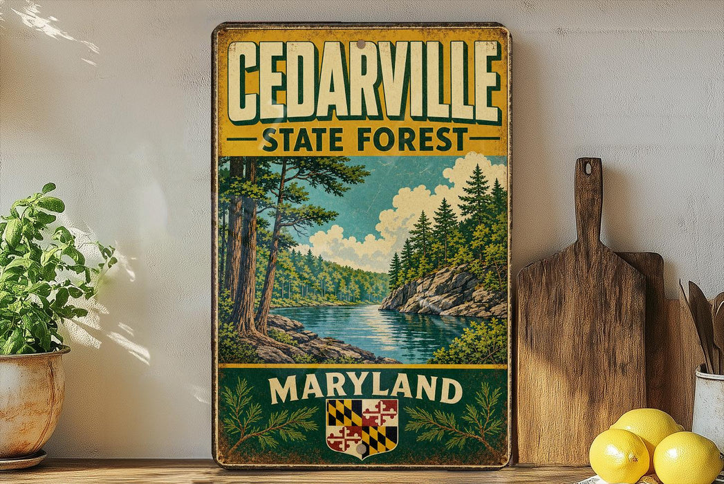 A vintage-style sign for Cedarville State Forest in Maryland, featuring a scenic landscape with a river, pine trees, and mountains.
