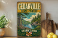 A vintage-style sign for Cedarville State Forest in Maryland, featuring a scenic landscape with a river, pine trees, and mountains.