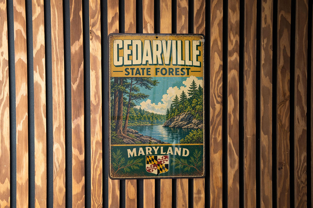 A vintage metal sign for Cedarville State Forest in Maryland, featuring a scenic landscape with pine trees, a river, and a state seal.