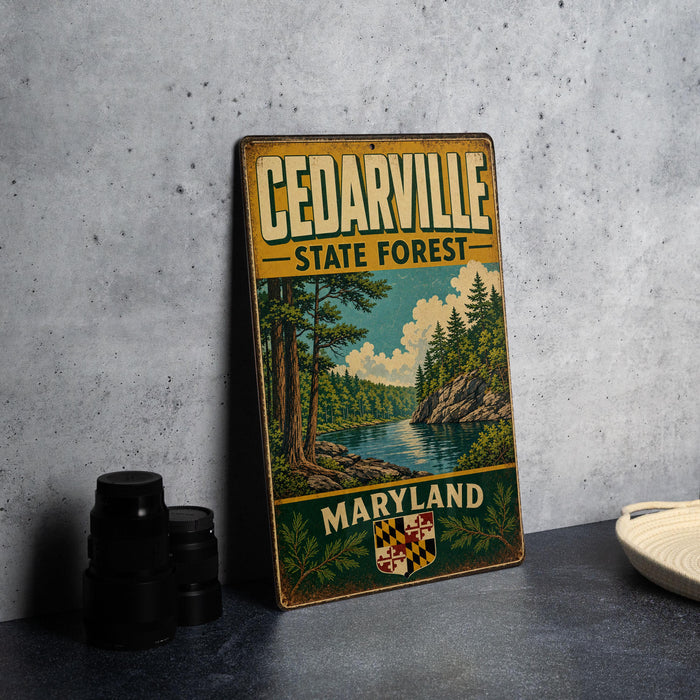 A vintage metal sign for Cedarville State Forest in Maryland, featuring a scenic illustration of a forest and a lake.