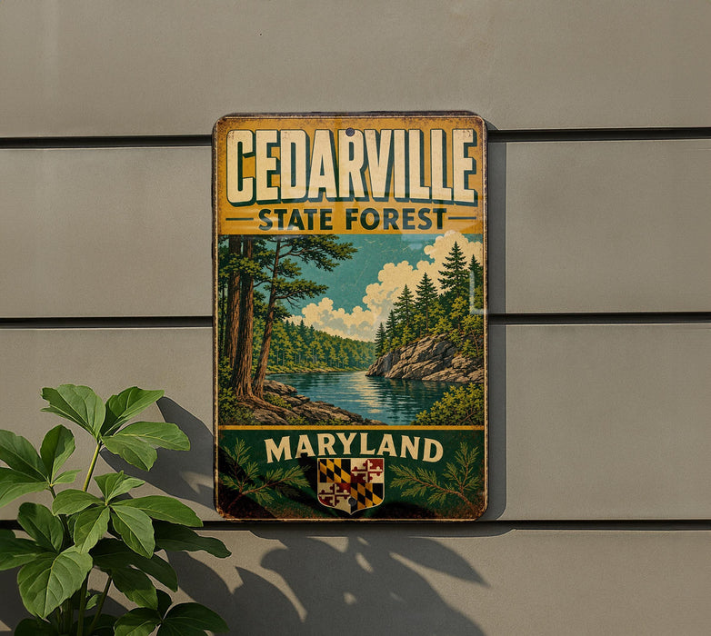 A vintage-style metal sign for the Cedarville State Forest in Maryland, featuring a scenic landscape with a river and pine trees.