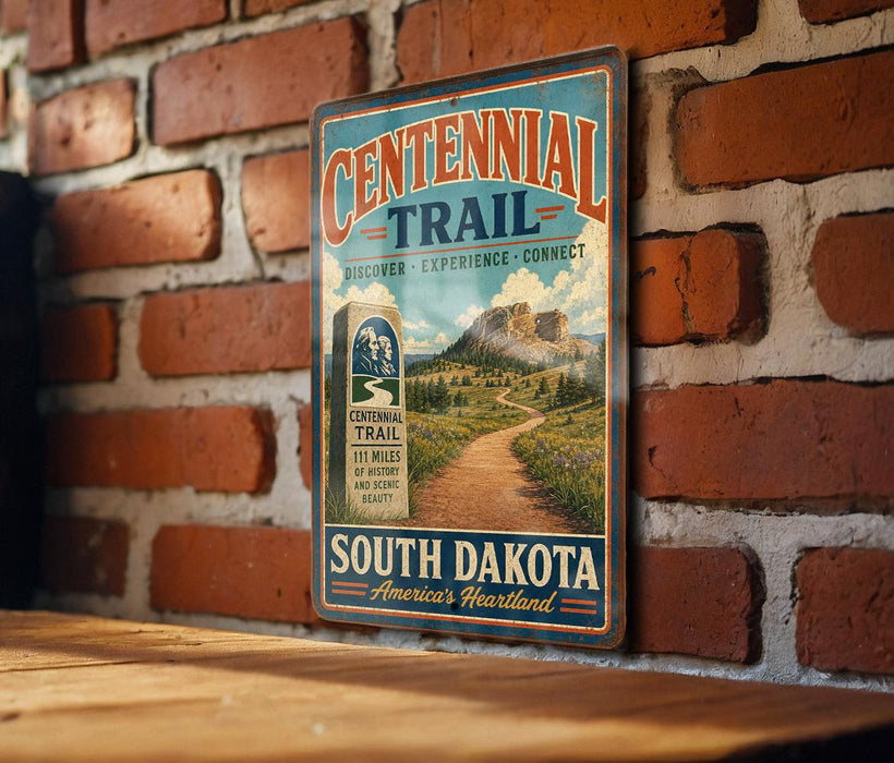 A vintage-style metal sign for the Centennial Trail in South Dakota, featuring a scenic mountain landscape and a trail winding through it.