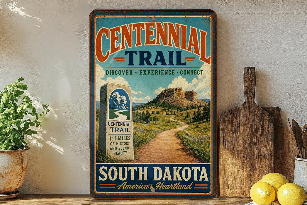 a vintage trail sign for the Centennial Trail in South Dakota, with a scenic mountain landscape and a path leading through the grassy area.