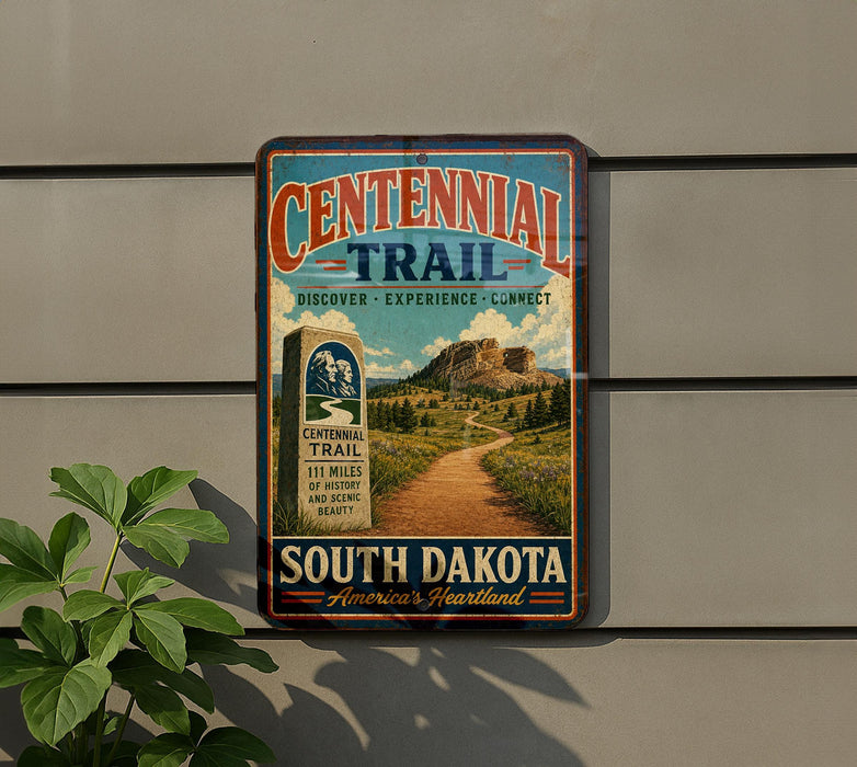 Centennial Trail sign on a wall, featuring a scenic mountain landscape and a dirt trail.