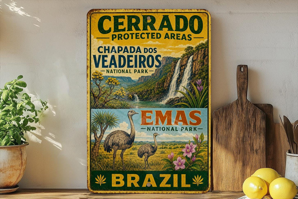 A vintage-style metal sign with text and illustrations of a protected area, specifically the Cerrado National Park in Brazil.