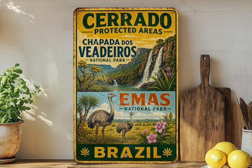 A vintage-style metal sign with text and illustrations of a protected area, specifically the Cerrado National Park in Brazil.