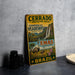 A vintage metal sign for the Cerrado National Park in Brazil, featuring an illustration of a waterfall and wildlife.