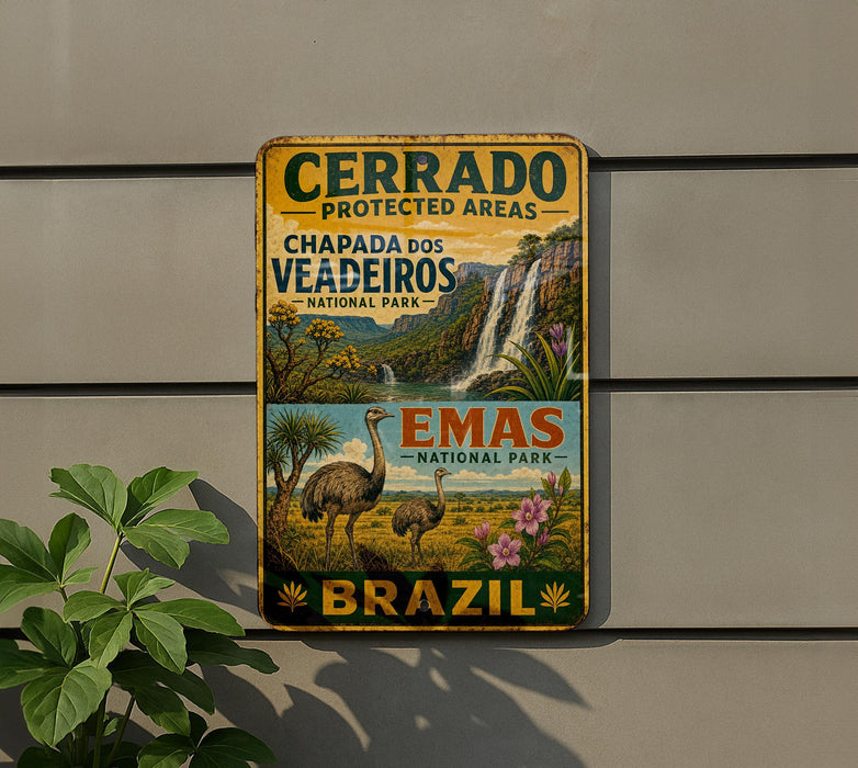 a vintage-style metal sign with a colorful illustration of a landscape, including a waterfall, birds, and flowers, mounted on a wall.