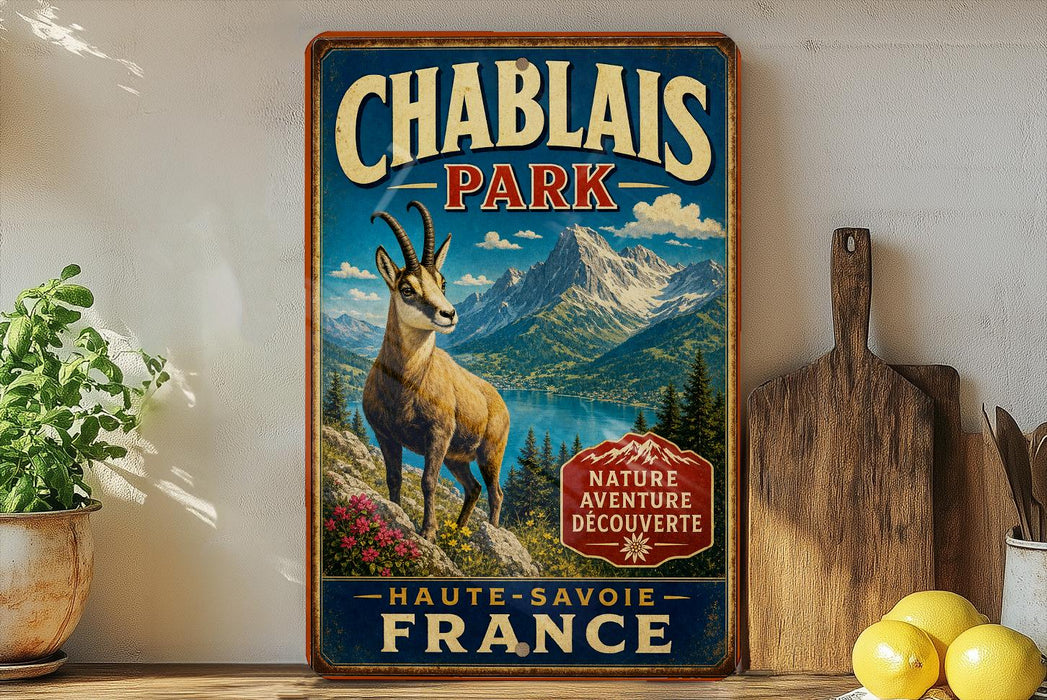 A vintage-style metal sign for Chablais Park in France, featuring a mountain landscape and a goat.