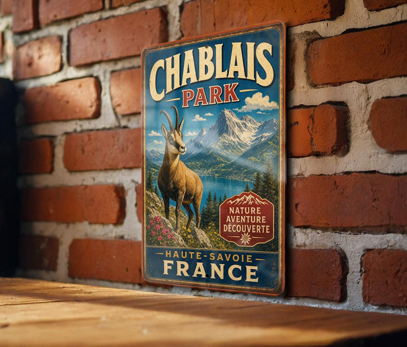 A vintage metal sign for Chablais Park in France, featuring a mountain landscape and a goat.