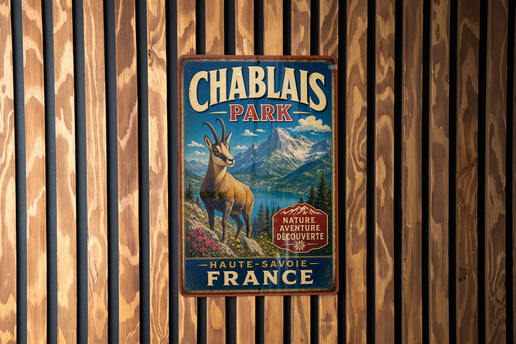 A vintage metal sign for Chablais Park in France, featuring an illustration of a mountain and a gazelle.