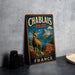 A vintage metal sign for Chablais Park in France, featuring a mountain landscape and a gazelle.