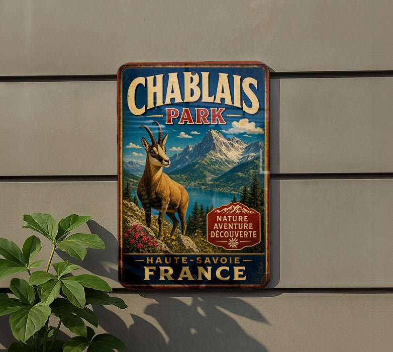 A vintage metal sign for Chablais Park in France, featuring a mountain landscape and a goat.