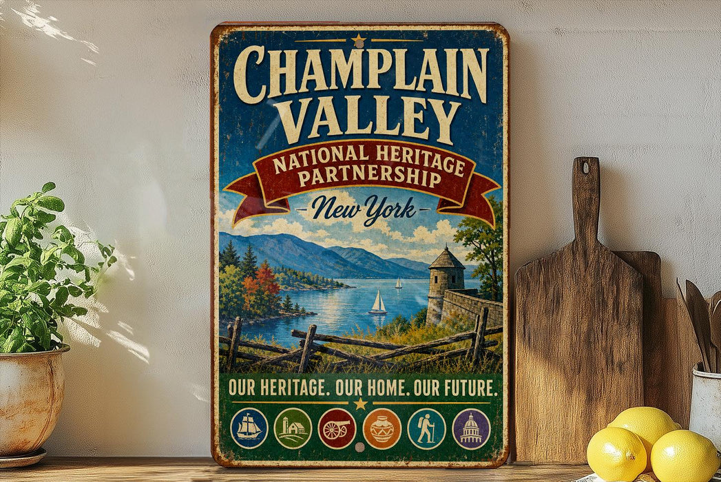A vintage-style metal sign for "Champlain Valley National Heritage Partnership New York" is displayed on a shelf, with a potted plant and a wooden cutting board nearby.