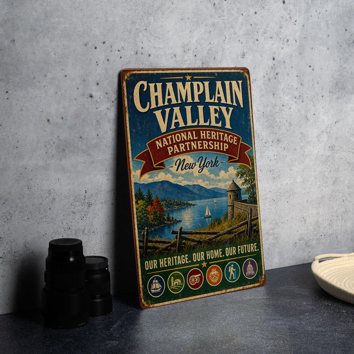 A vintage metal sign for the Champplain Valley National Heritage Partnership in New York, featuring a scenic landscape with mountains, a river, and a castle.