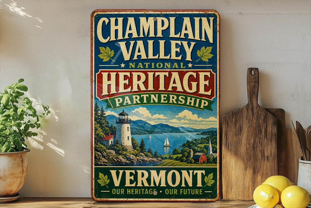 A vintage-style metal sign for the Champlain Valley National Heritage Partnership, featuring a scenic landscape with a lighthouse and mountains, is displayed on a shelf next to a wooden cutting board and some lemons.