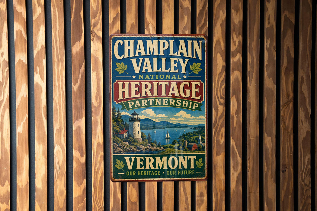 A vintage metal sign for the Champlain Valley Heritage Partnership, featuring a scenic landscape with a lighthouse and mountains, mounted on a wooden wall.