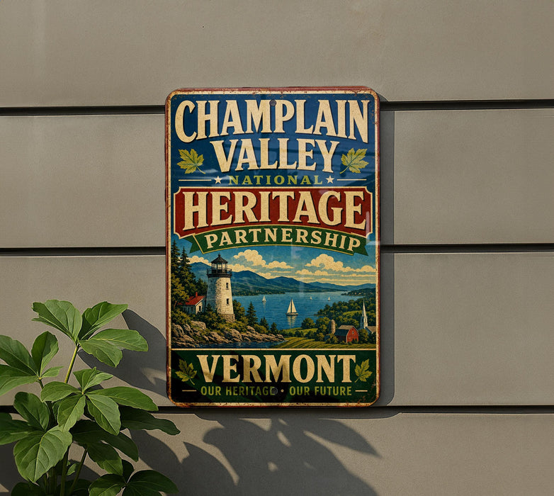 A vintage-style metal sign for the Vermont Heritage Partnership, featuring a lighthouse and a scenic landscape, mounted on a wall.