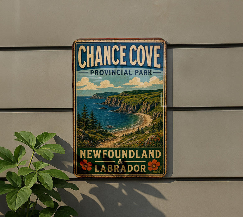 A vintage-style metal sign for Chance Cove Provincial Park, New Brunswick, Labrador, featuring a scenic coastal landscape with cliffs, a beach, and a lighthouse.