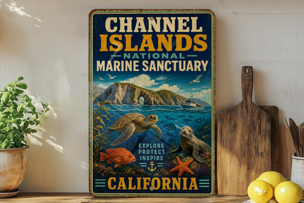 A vintage metal sign for Channel Islands National Marine Sanctuary in California, featuring illustrations of marine life and a scenic landscape.