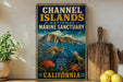 A vintage metal sign for Channel Islands National Marine Sanctuary in California, featuring illustrations of marine life and a scenic landscape.