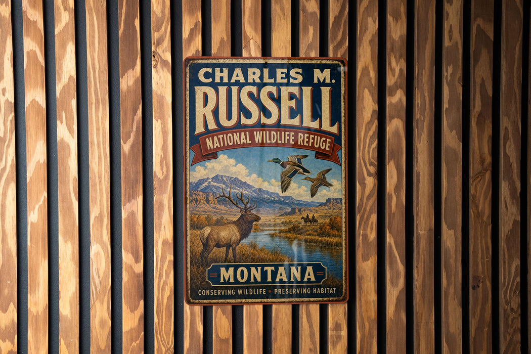 A vintage metal sign for Charles M. Russell's National Wildlife Refuge in Montana, featuring an illustration of a deer and ducks in a scenic landscape.