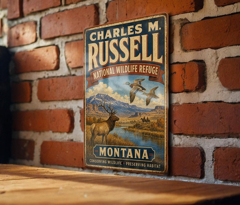 A vintage metal sign for the Charles M. Russell National Wildlife Refuge in Montana, featuring an illustration of a deer and a bird in a natural setting.