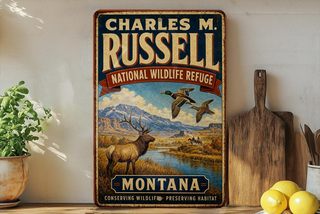 A vintage-style metal sign for Charles M. Russell's National Wildlife Refuge in Montana, featuring an illustration of a deer and ducks in a scenic landscape.