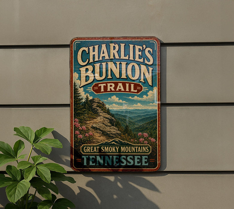 A vintage-style metal sign for the Charlie's Bunion Trail in Tennessee, featuring a scenic mountain landscape with pine trees and a winding trail.