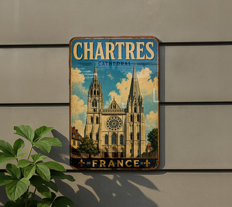 A vintage-style metal sign displaying the name "Catres Cathedral" and the word "FRANCE" is mounted on a wall.