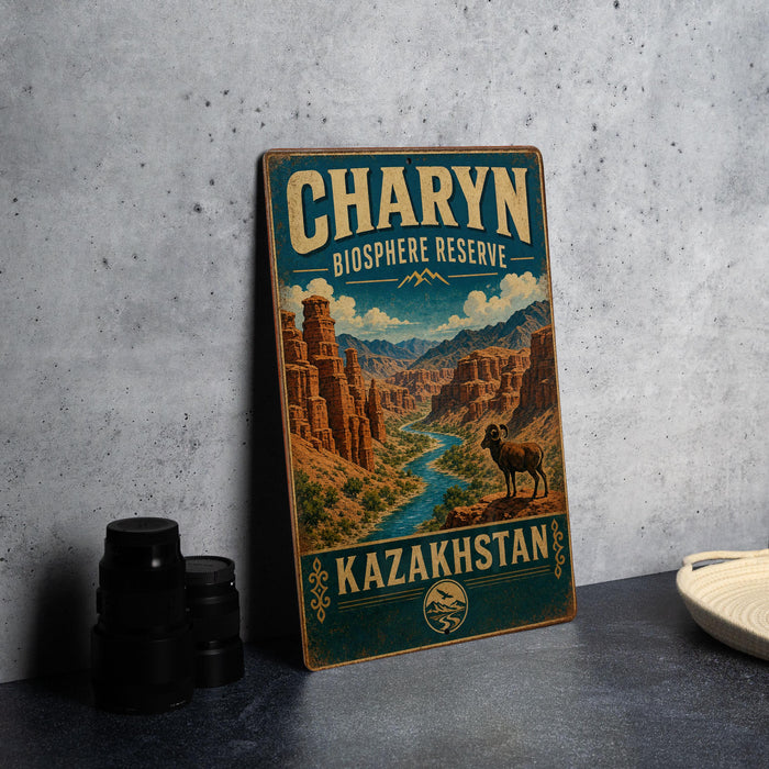 A vintage-style metal sign for Charyn Bioscape Reserve, featuring a desert landscape with mountains and a river, is displayed on a gray countertop next to a stack of black camera lenses.