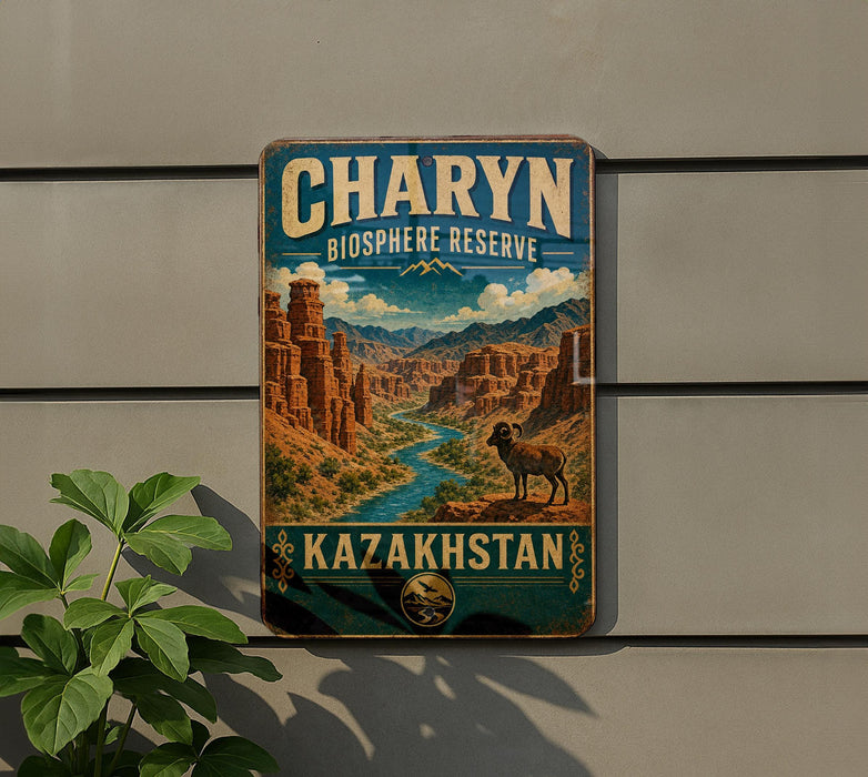 A vintage-style metal sign for Charyn Bioscape Reserve, featuring a mountain landscape with a river and a goat, mounted on a wall.